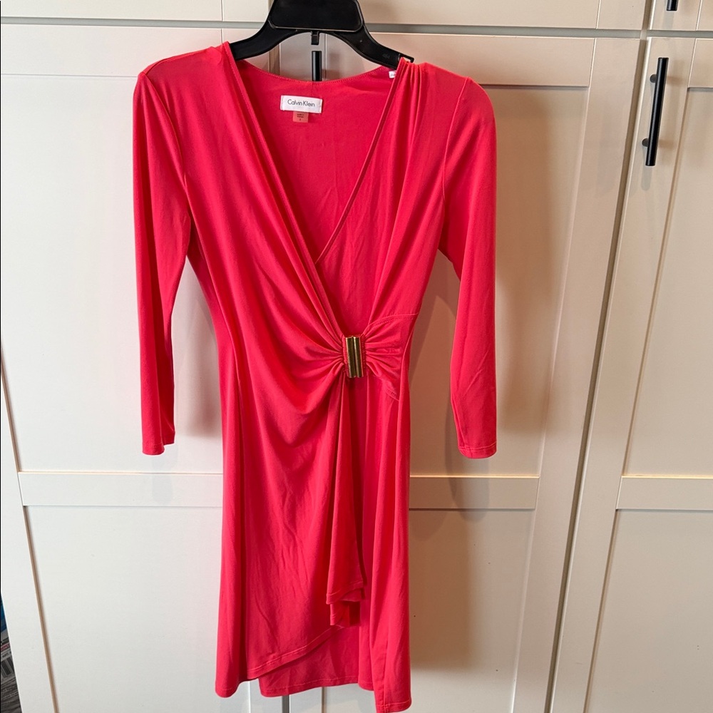 Calvin Klein Coral-Pink Long Sleeve Wrap Dress with Gold Accent